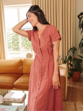 ODDBIRD Dilek Button-Front Terra Cotten Midi Dress with Side Ties in Canyon rose